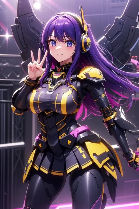 mecha wings、Black and yellow skirt、Accentuated thighs、tights、chest、Beautiful purple hair、1 girl、solo girl、Thick thighs、IS、Frame Arms Girl、Alice Gere Aegis、income、headphone、hand on own chest、smile、Idol Costume