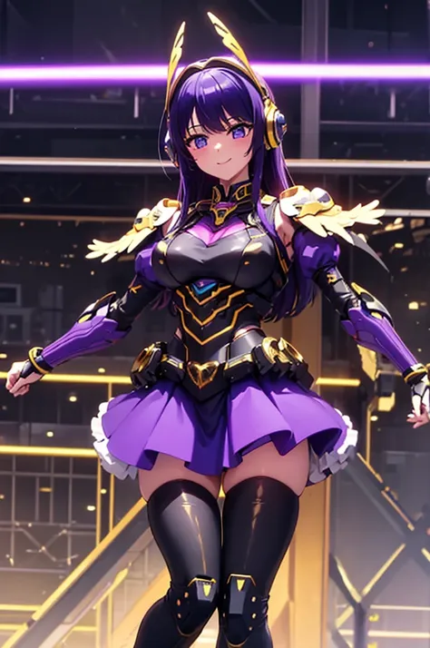 mecha wings、Black and yellow skirt、Accentuated thighs、tights、chest、Beautiful purple hair、1 girl、solo girl、Thick thighs、IS、Frame Arms Girl、Alice Gere Aegis、income、headphone、hand on own chest、smile、Idol Costume