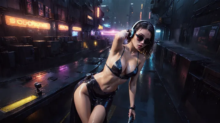 (((aerial view))), (flying cars docking platform), Blade Runner style futuristic city alley, neon lights, rainy night. (1girl, solo, alone), large-breast:1.2 slim body, cleavage:1.1, sexy wind blowing wet dress:1.4, headphone, (black sunglasses), (((she ra...