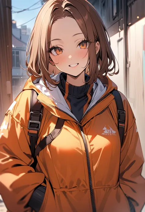 1 girl, bob, center part, forehead, brown hair, brown eyes, model posing, smile,
BREAK (masterpiece), (high resolution 8K), detailed eyes and face, detailed body, 
BREAK windbreaker, standing, cowboy shot,