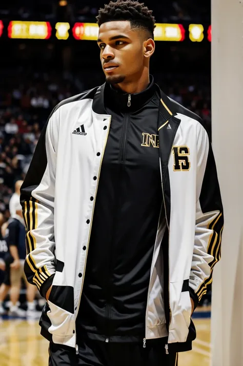 Sports jackets for basketball that have black colors, gold and white