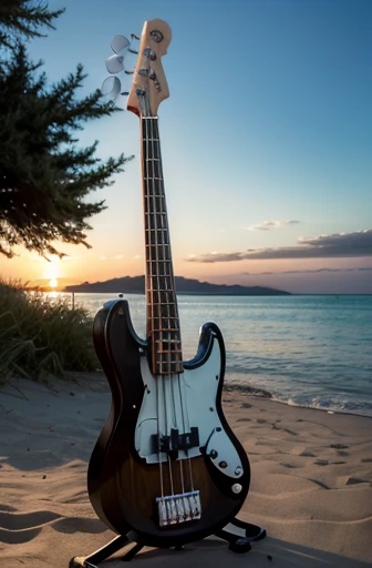 I want an instrument " bass guitar" in a landscape with. summer face , like a beach for example 