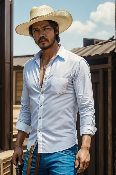 To the character maxim from free fire with hing hang doraro , white cowboy hat and bright blue eyes and golden mouth cover