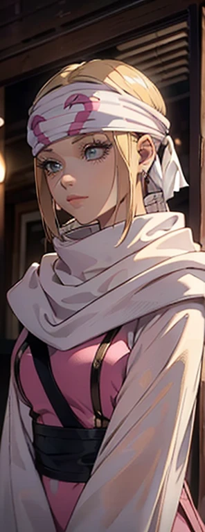 masterpiece), best quality, high resolution blonde 1girl bob cut medium hair standing alone cowl headband profile image looking at viewer beautiful eyes beautiful face extremely detailed pink clothing girly