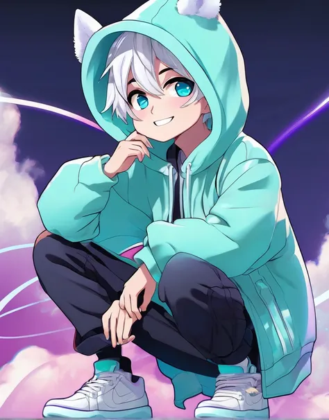 Render anime boy, chibi, white short fluffy hair, pastel oversized hoodie, white oversized pants, purple white and cyan sneakers, hood over head, cute, bright eyes, grinning, dynamic cute pose, clouds