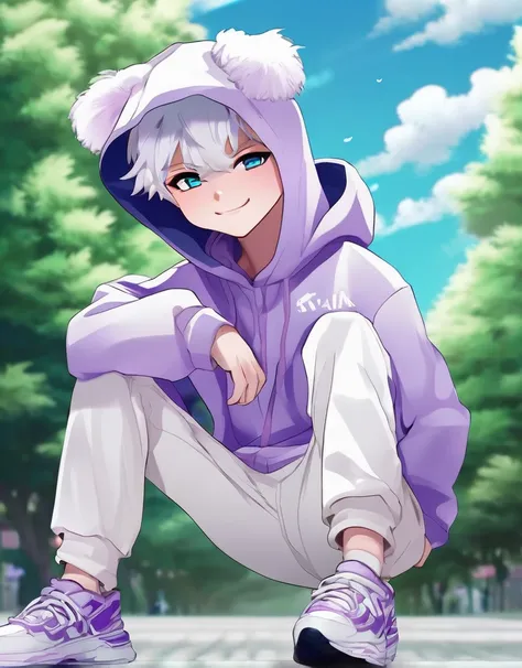 Render anime boy, chibi, white short fluffy hair, pastel oversized hoodie, white oversized pants, purple white and cyan sneakers, hood over head, cute, bright eyes, grinning, dynamic cute pose, clouds