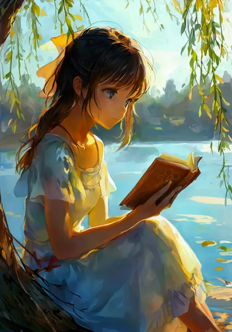 Girl reads a book by the lake, bright colors, spring, willow branches, comfort, warm sunlight