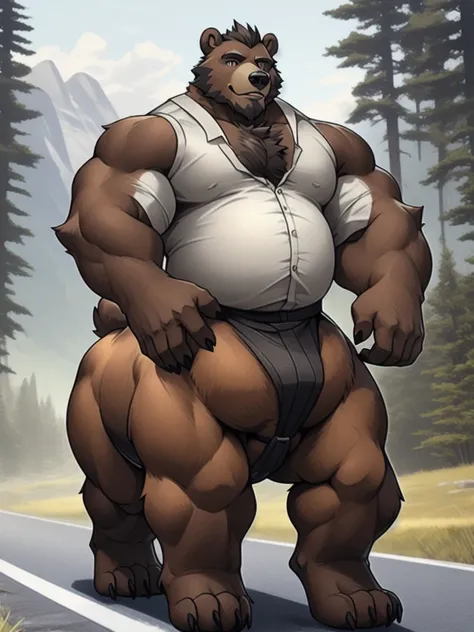 furry, fur taur, beartaur, middle-age, solo, detailed face, bear ears, bear eyes(brown), bear nose(black), bear mouth, garibaldi beard(grey), mature hair(grey), detailed arms, thick arms, muscular, thick hands(5 fingers), detailed body, thick body, muscle ...