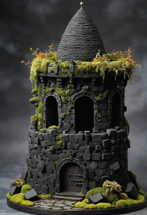 Absurder, Best Quality, Fantasy, isometry, Kneeling style (Miniature round tower made of mossy black basalt stones:1.2), gnarled, dry, blackened trees, Forged ornate fence rusty with time, (Simple background:1.2)