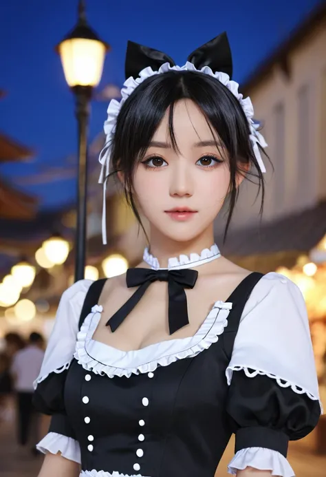 ((1:1)) a cute girl wearing a costume, inspired by Leng Mei, trending on cg society, fantasy art, rem rezero, gorgeous maid, , detailed portrait of anime girl, , official render, anime girl wearing a black dress, hyper real render, background in the street...