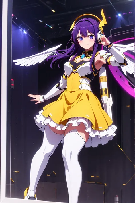 mecha wings、Yellow Skirt、Accentuated thighs、tights、chest、Beautiful purple hair、1 girl、solo girl、Thick thighs、IS、Frame Arms Girl、Alice Gere Aegis、White Armor、income、headphone、hand on own chest、smile、Idol Costume