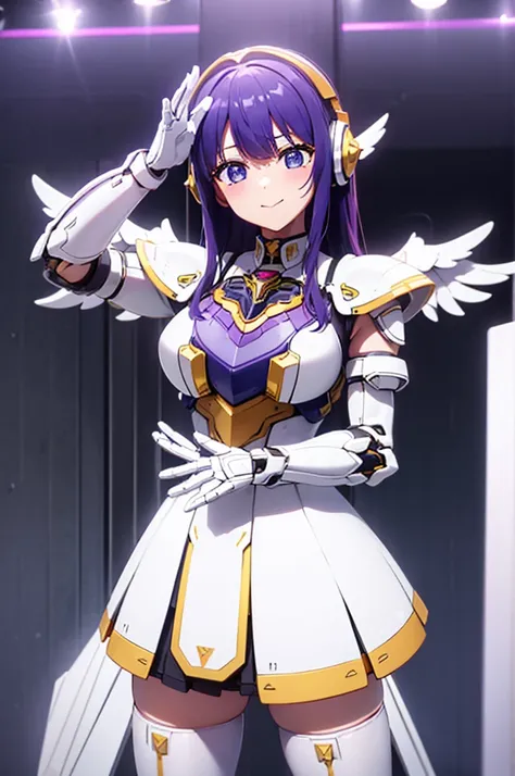 mecha wings、white and yellow skirt、Accentuated thighs、tights、chest、Beautiful light purple hair、1 girl、solo girl、Thick thighs、IS、Frame Arms Girl、Alice Gere Aegis、White Armor、income、headphone、hand on own chest、smile、Idol Costume