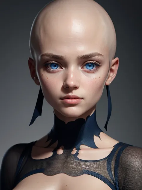 beautiful girl, blue eyes, no hair, hyper realism, skin details, eye details, raw, UHD, retina, masterpiece, textured skin, super detail, high details, high quality, best quality, highres, HD, 4K, 8k, 16k