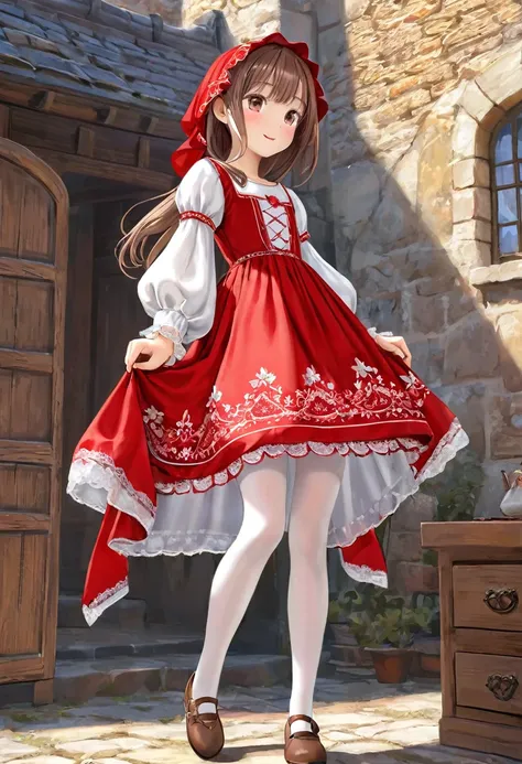 10 year old girl underwear, Realistic panties and bloomers made from patterned cotton fabric, Bright red medieval one-piece dress with white embroidery and panniers, Fabric Realism, Low - Angle, You can see the drawer, Pull up the dress by hand, Strong win...