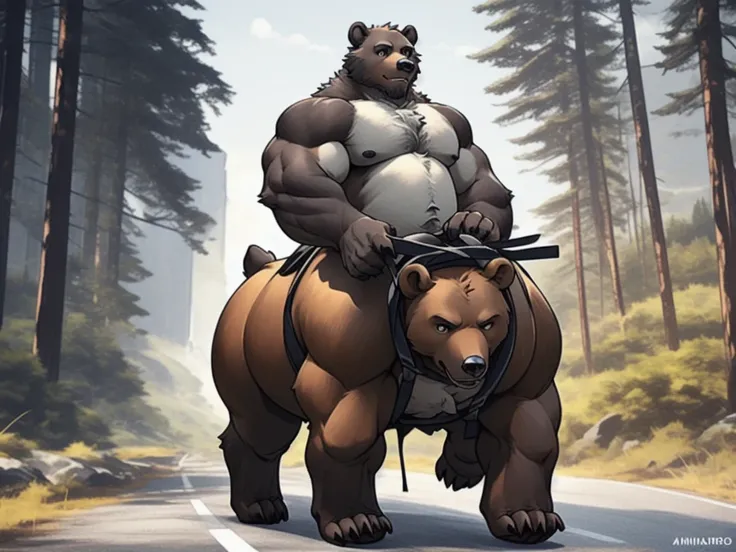 furry, fur taur, beartaur, middle-age, solo, detailed face, bear ears, bear eyes(brown), bear nose(black), bear mouth, garibaldi beard(grey), mature hair(grey), detailed arms, thick arms, muscular, thick hands(5 fingers), detailed body, thick body, muscle ...