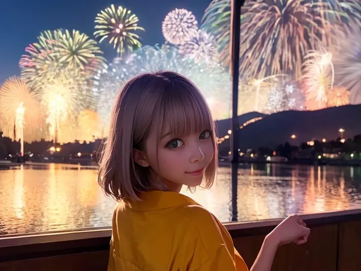 A girl watches fireworks by the lake、Cute yukata、Bob Hair、Silver Hair、Medium breast、Watching from behind、masterpiece:1.3、Raw photo、Highest quality、Detailed Background、stall、Lantern、