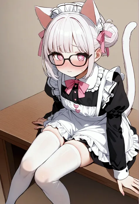 I have white pink hair, cat ears, a bun, my face is super blushing, black glasses, pink heart eyes, a maid&#39;s outfit, white stockings, white shoes, a cat&#39;s tail, a very shy girl sitting on a table. bed