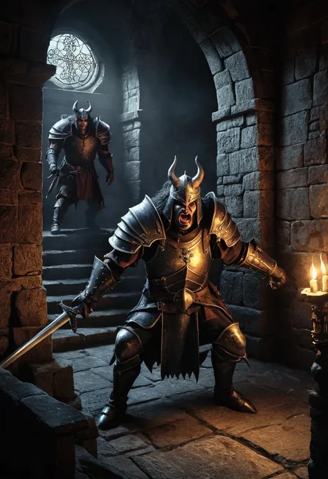 cavalier, Demons, Two monsters, cross-section,illustration, Details of the interior of the castle, Gloomy atmosphere, Middle Ages style, Dim lighting, Stone walls, Spooky shadows, Mystical Artifacts, Combat posture, Intense action, Fierce expression, Menac...