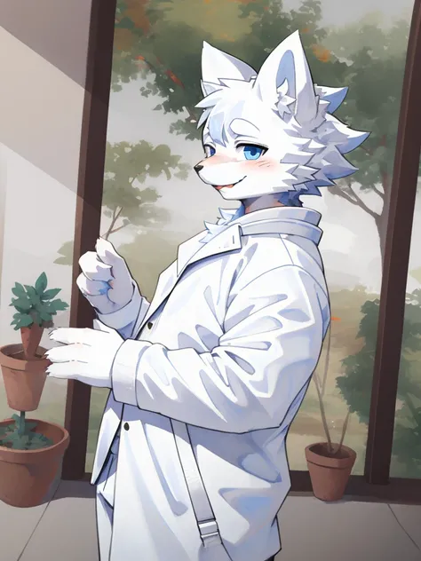 grey Wolf, (all white fur:1.5), lonely, Perfect sky blue eyes, neck, wearing a white suit, (artist:Arashi Takemoto), look ahead, Madurese way, Seniors, simple background, naughty face, flash, long eyelashes, naughty face, reach, from the side, Tonality, st...