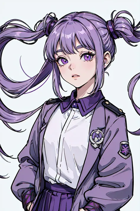 Greyish Purple hair, up pig tails with small braids, jujutsu high uniform, purple eyes