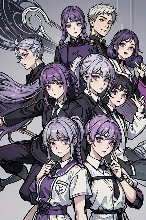 Greyish Purple hair, up pig tails with small braids, jujutsu high uniform, purple eyes