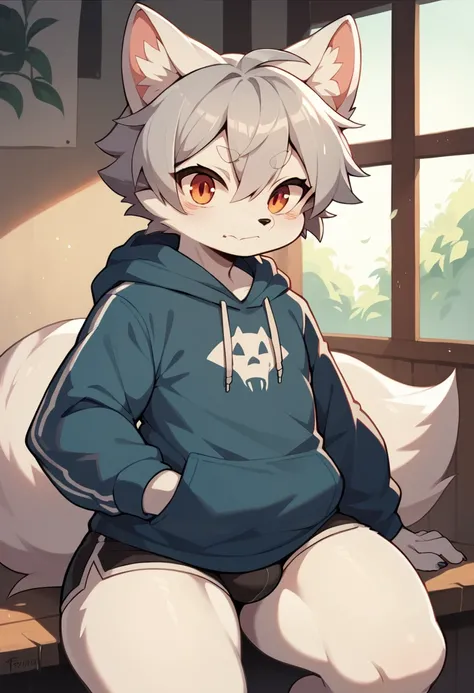 furry beast, White fur, gray hair,Hoodies, White Fox Shota,Fox ears end in black,Foxtail end black,Fat thighs,fit, best quality