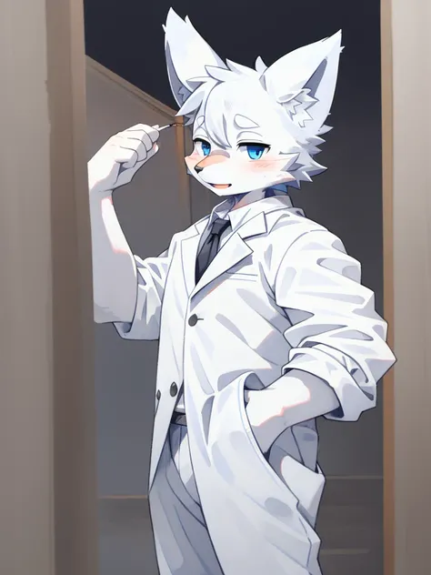 grey wolf, (all white fur:1.5), lonely, perfect sky blue eyes, neck, wearing a white suit, (artist:arashi takemoto), look ahead,...