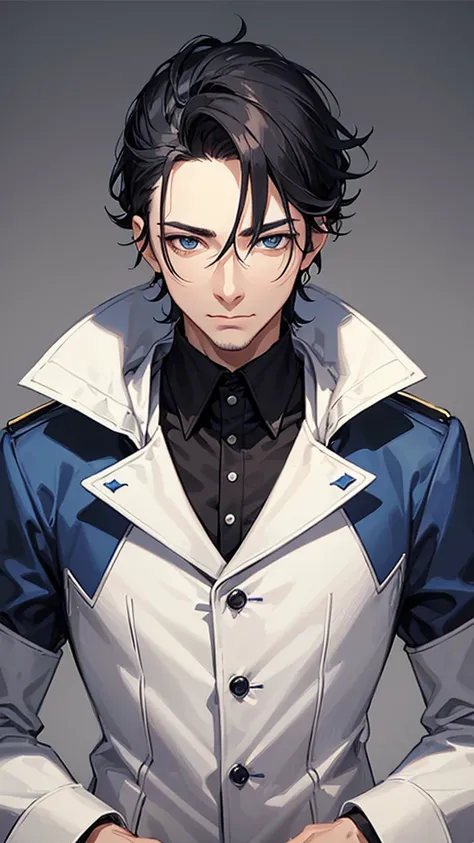 a man in his early 40s with an elegant and aristocratic appearance. black hair combed neatly back, thin face with firm lines, and a pair of sharp blue eyes that exude intelligence and calm.