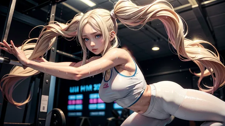 long creamy light hair，twin double tails、(sweaty skin)、 (highest quallity, 8k, 32 mil, work of art, ultra HD:1.2)、humida clothes、((transparentes))、blush,((((sweat)))),((of love)),(Shiny tank top),Bright short leggings,Fitness,Training、((acrobatic pose)),th...