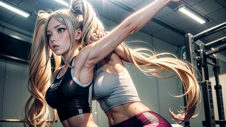 long creamy light hair，twin double tails、(sweaty skin)、 (highest quallity, 8k, 32 mil, work of art, ultra HD:1.2)、humida clothes、((transparentes))、blush,((((sweat)))),((of love)),(Shiny tank top),Bright short leggings,Fitness,Training、((acrobatic pose)),th...