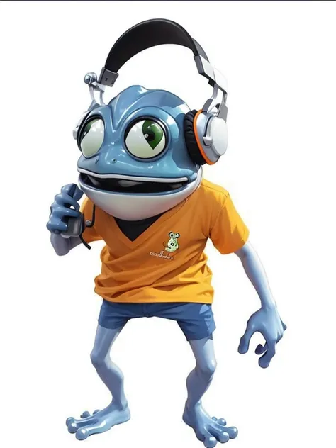 A frog, He is wearing an orange shirt, has a headset