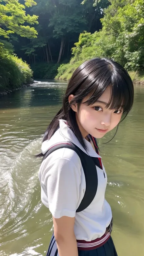 There is a Japanese high school student who is mature and neat.。Beautiful black hair, center parted, semi-long。Wearing a 、Playing in the river。