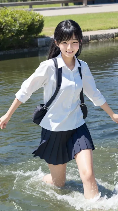 There is a Japanese high school student who is mature and neat.。Beautiful black hair, center parted, semi-long。Wearing a 、Playing in the river。