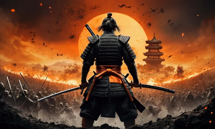 a samurai standing showing his back and holding a katana in his hand and the background is full of chaos and war going in background and in battlefield many poeple fighting, the tone of the image is orange, the atmosphere is scary