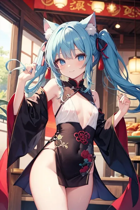 Blue Hair，blue eyes，Cat ears，girl，Girl，Small breasts，Long Hair，Twin tails，Lolita，Small breasts，Bright smile，Looks like 13 years old，Petan Musume，short，目のhighlight，Sexy thighs，Attractive thighs，Please show me your armpits，Exposing the vagina，No underwear，No...