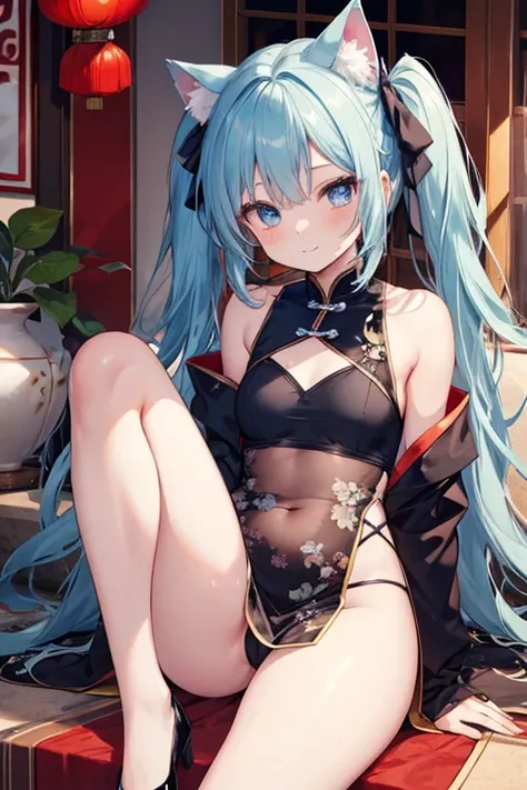 Blue Hair，blue eyes，Cat ears，girl，Girl，Small breasts，Long Hair，Twin tails，Lolita，Small breasts，Bright smile，Looks like 13 years old，Petan Musume，short，目のhighlight，Sexy thighs，Attractive thighs，Please show me your armpits，Exposing the vagina，No underwear，No...