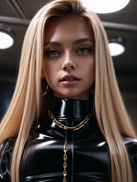 Cristy Ren with long blonde hair as a business CEO, professional hairstyle, perfect eyes, high arched eyebrows, (professional latex dress with chains and big belt:1.3), backlight on hair, shallow depth of field, facing away from the camera, looking down at...