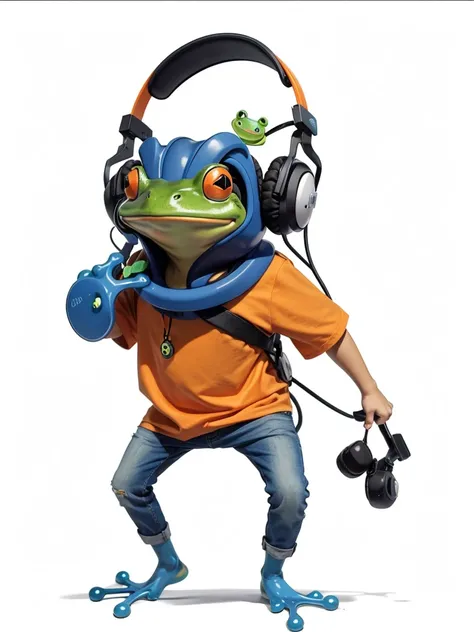 A frog, He is wearing an orange shirt, has a headset