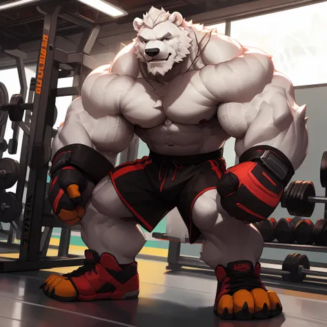 A huge muscular white polar bear, shirtless and topless, with short white hair, a white beard, and a white mustache, wearing black kickboxing shorts and black toeless footwear, with fingerless kickboxing fighting gloves, in a gym fitness center background,...