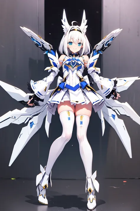 mecha wings、white and yellow skirt、accentuated thighs、white tights、chest、beautiful white hair、1 girl、solo girl、thick thighs、is、f...