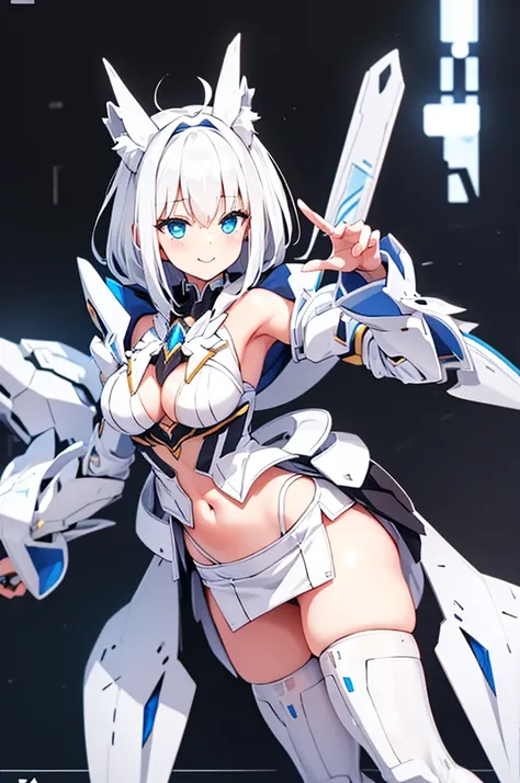 mecha wings、white and yellow skirt、Accentuated thighs、White tights、chest、Beautiful white hair、1 girl、solo girl、Thick thighs、IS、Frame Arms Girl、Alice Gere Aegis、White Armor、income、headphone、hand on own chest、smile、Idol Costume