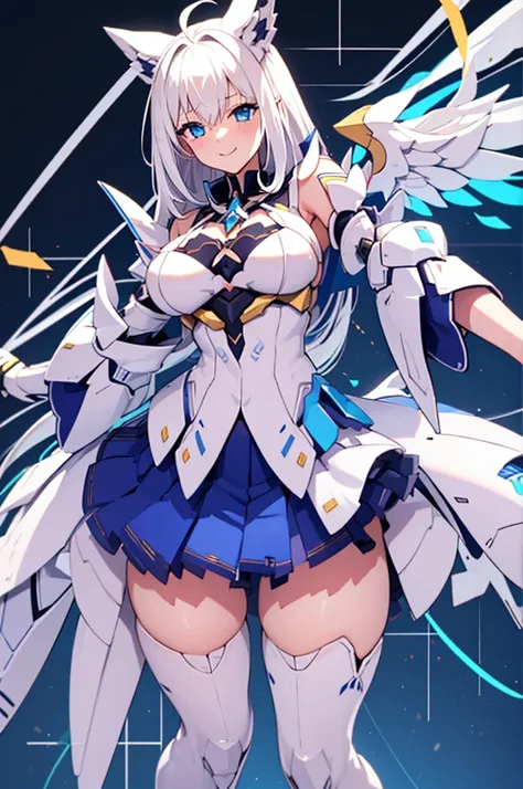 mecha wings、Yellow Skirt、Accentuated thighs、White tights、chest、Beautiful white hair、1 girl、solo girl、Thick thighs、IS、Frame Arms Girl、Alice Gere Aegis、White Armor、Blue and purple lines、income、headphone、hand on own chest、smile、Idol Costume