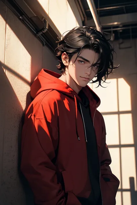 (tmasterpiece, high resolution, ultra - detailed:1.0), (1 male), Eyes looking at the camera, Perfect male body, Delicate eyes and delicate face, Extremely detailed CG, 8K wallpaper, Complicated details, solo person, Detailed face,(Red jacket, Black hoodie,...