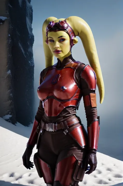 a ((fall body)) (((hera syndulla))) ((green skin ))
 ((female twilek ))mandalorian,walking on snow fire, beautiful detailed eyes, beautiful detailed lips, extremely detailed face, long eyelashes, mandalorian armor, sci-fi, cinematic lighting, dramatic, epi...