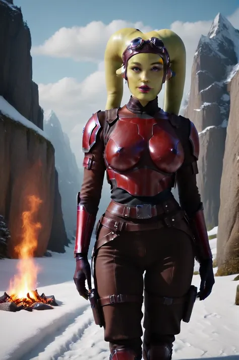 a ((fall body)) (((hera syndulla))) ((green skin ))
 ((female twilek ))mandalorian,walking on snow fire, beautiful detailed eyes, beautiful detailed lips, extremely detailed face, long eyelashes, mandalorian armor, sci-fi, cinematic lighting, dramatic, epi...