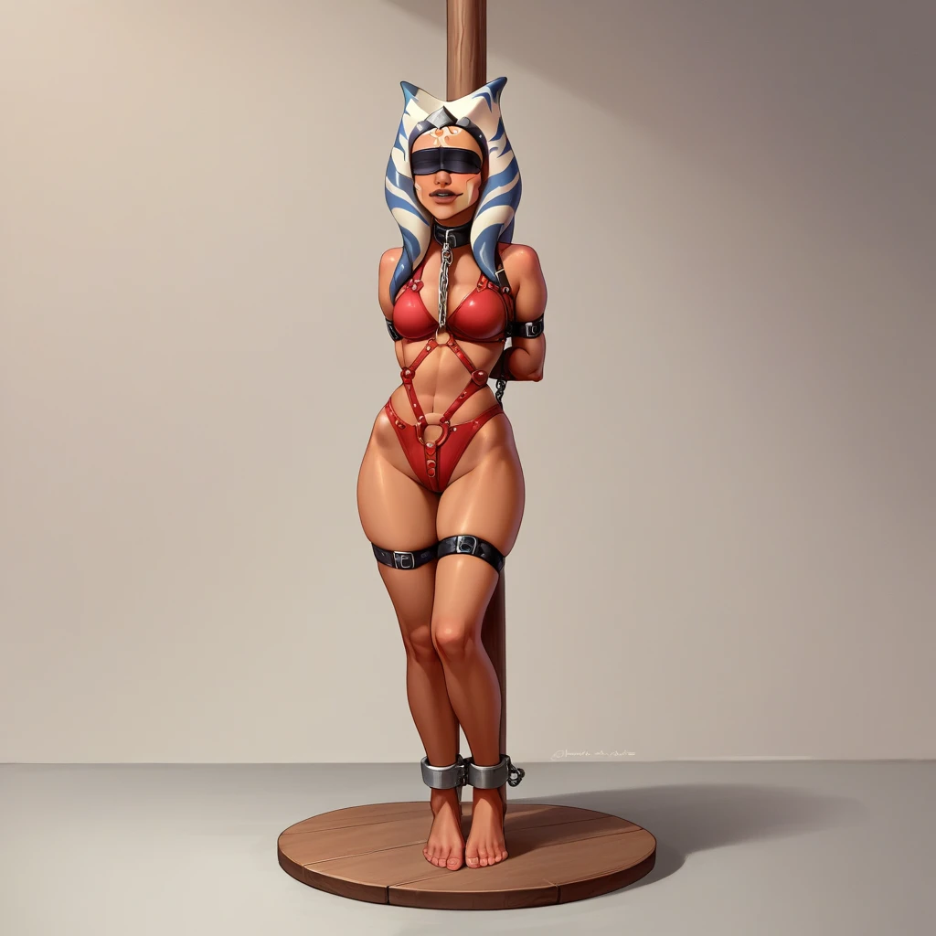 (masterpiece, best quality), intricate details, ahsoka (standing full body toe to head by wooden pole:1.2) iron collar, arms behind back, iron cuffs, shackles, bound, bondage outfit, harness, o-ring, bondage outfit blindfolded cover eyes, happy red cheeks,...