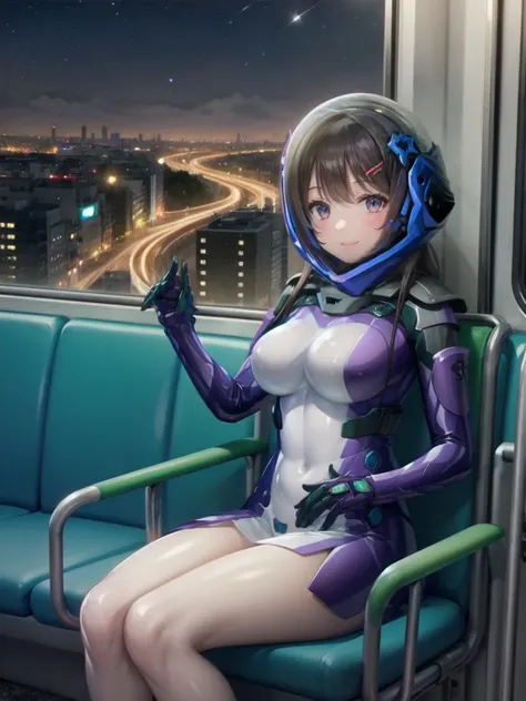 space helmet, (cinematic scene, sitting on a chair, train interior, , city view, night view: 1.5), space helmet, eva helmet, space suit, astronaut), smile  very detailed, speed helmet,  ,upper body, astronaut),eva helm, spacesuit , 