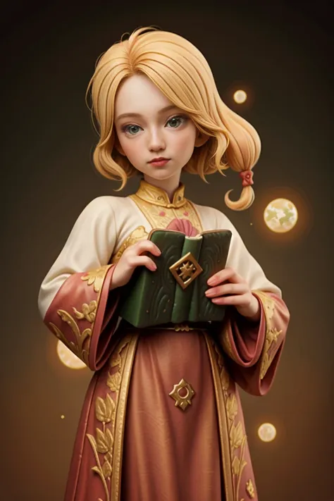 an epic colorful book cover of a 20th century young blonde 20 year old swedish witch, green eyes, transported in tang dynasty ti...