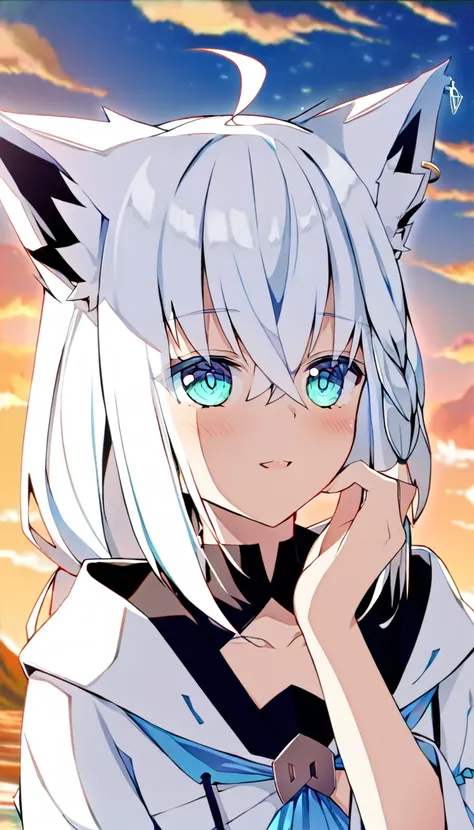 one girl, shirakami fubuki, fox ears, white hair, anime style