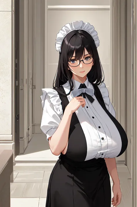 {{masterpiece}},high quality, 4K, 2D, 1 girl,{simple gray background},(attractive mature lady:1.6),milf,standing,sagging breasts,(gigantic breasts:1.5),maid,front face,{{tareme}},attractive mature lady,black hair, {from right in front of face and body},Vie...